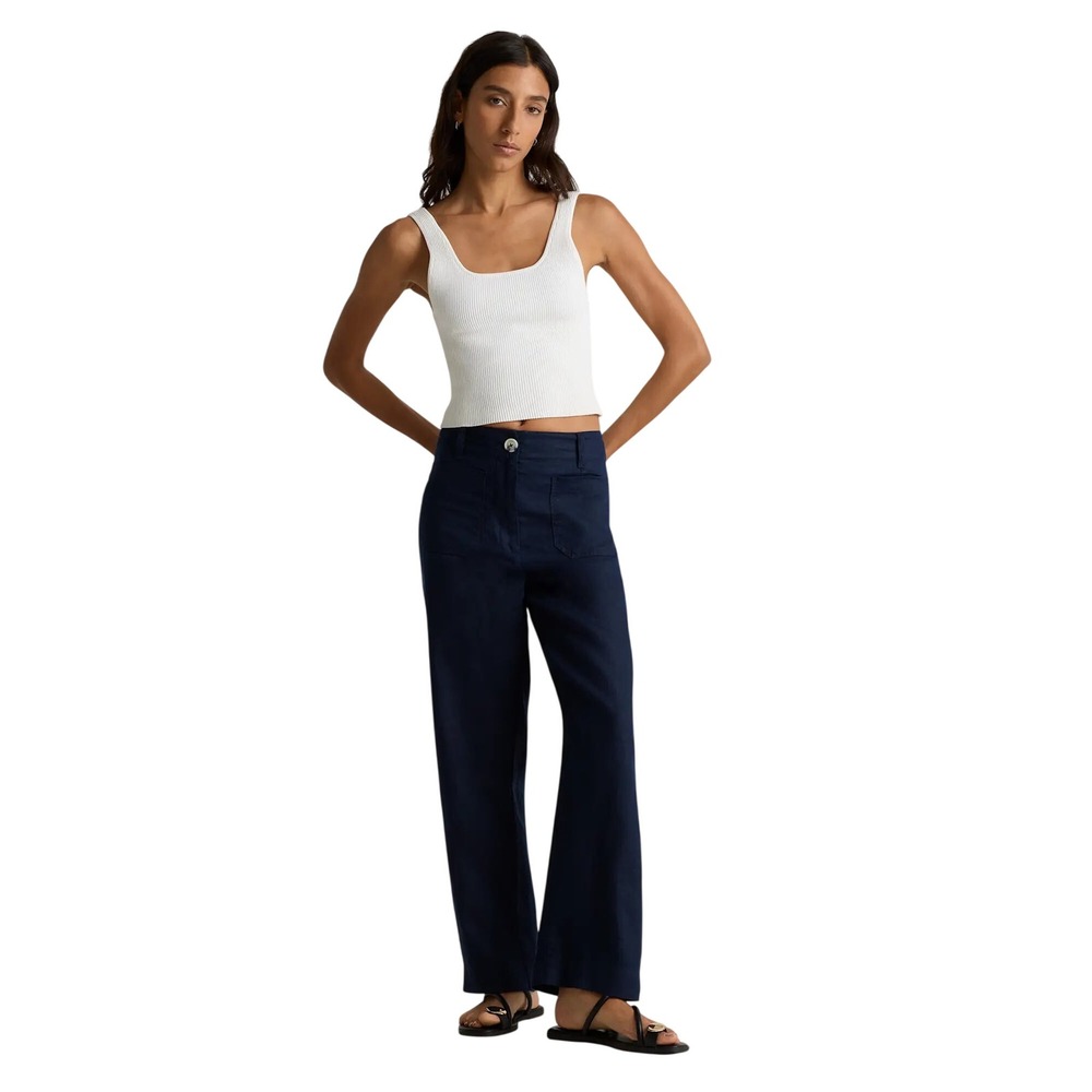 Quince Womens 100% European Linen Patch Pocket Wide Leg Pants Sz 12 Navy Blue